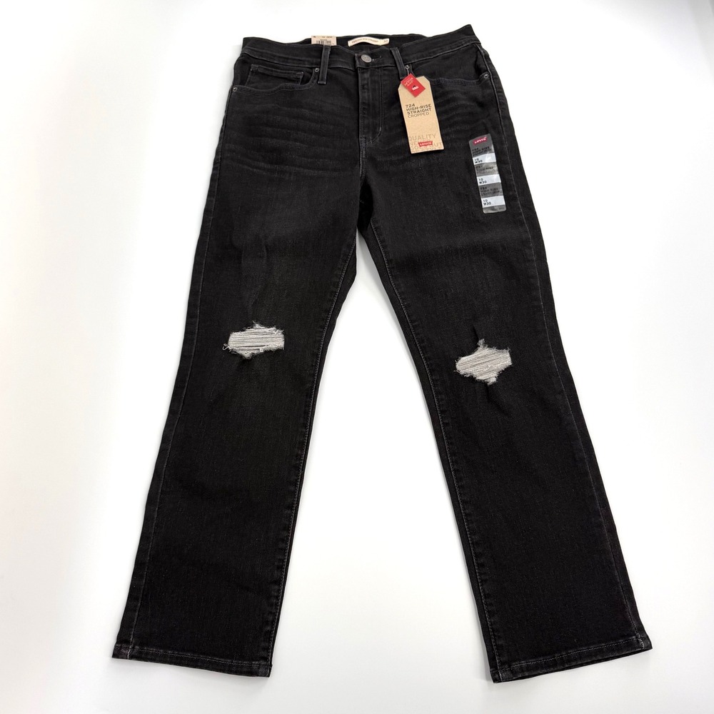 Levis 724 Straight Cropped Jeans Womens 10 W30 Black NWT Distressed High Rise